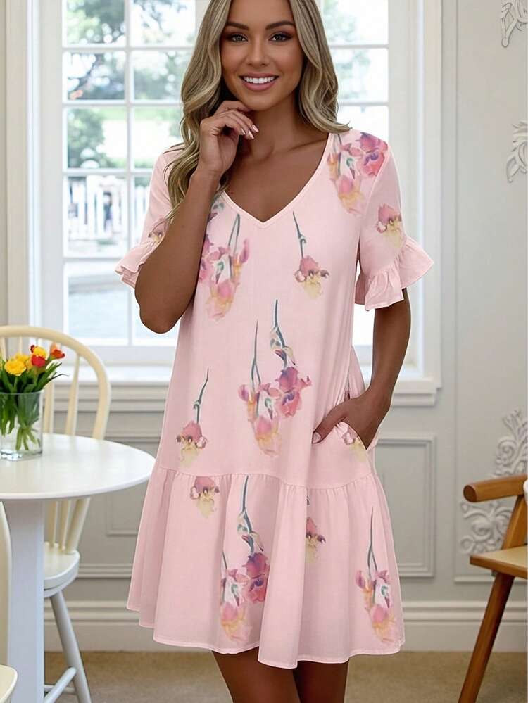 Vestido suelto con cuello en V, mangas con volantes y estampado floral de iris en acuarela para mujer, vestido mini casual con bolsillos y capas, estilo bohemio para vacaciones de verano y fiestas, elegante color rosa - Rosa - Añade 2