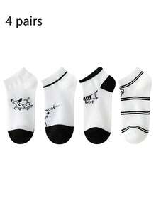 4 Pairs New Women's Thin Ankle Socks, Cute Pet Patterns, Cartoon Cat & Dog Designs, Comfortable Casual Boat Socks, Minimalist Versatile - Black and White - View 2