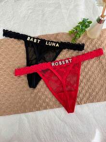 Quần lót thong chữ pha lê in tên tùy chỉnh, quần bikini ren cá nhân hóa cho nữ, quần lót tam giác T-Back, quà tặng cho bạn gái - Đỏ - Xem 7