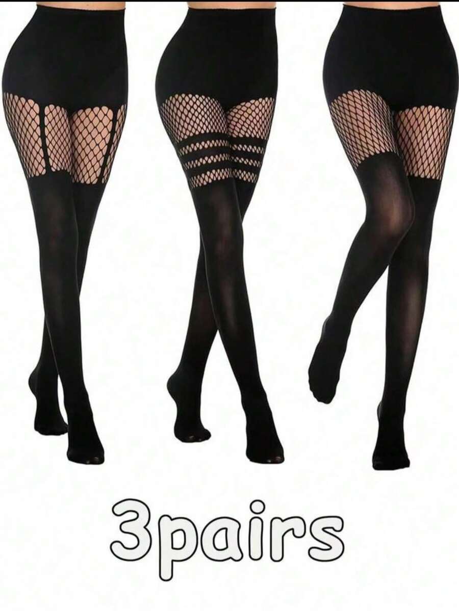 3 Pairs Sexy Hollow Dance Tights, Dense Mesh Stockings, Nightclub Queen Black Silk Sensual Fishnet Pantyhose - Multicolor - View 1