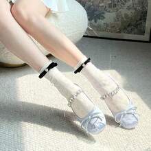 Japanese-Style JK Velvet Bow Lace Trim Mid-Calf Socks Lolita Cream White Calf Socks Mary Jane Women's Thin Style - 彩色 - 查看 3