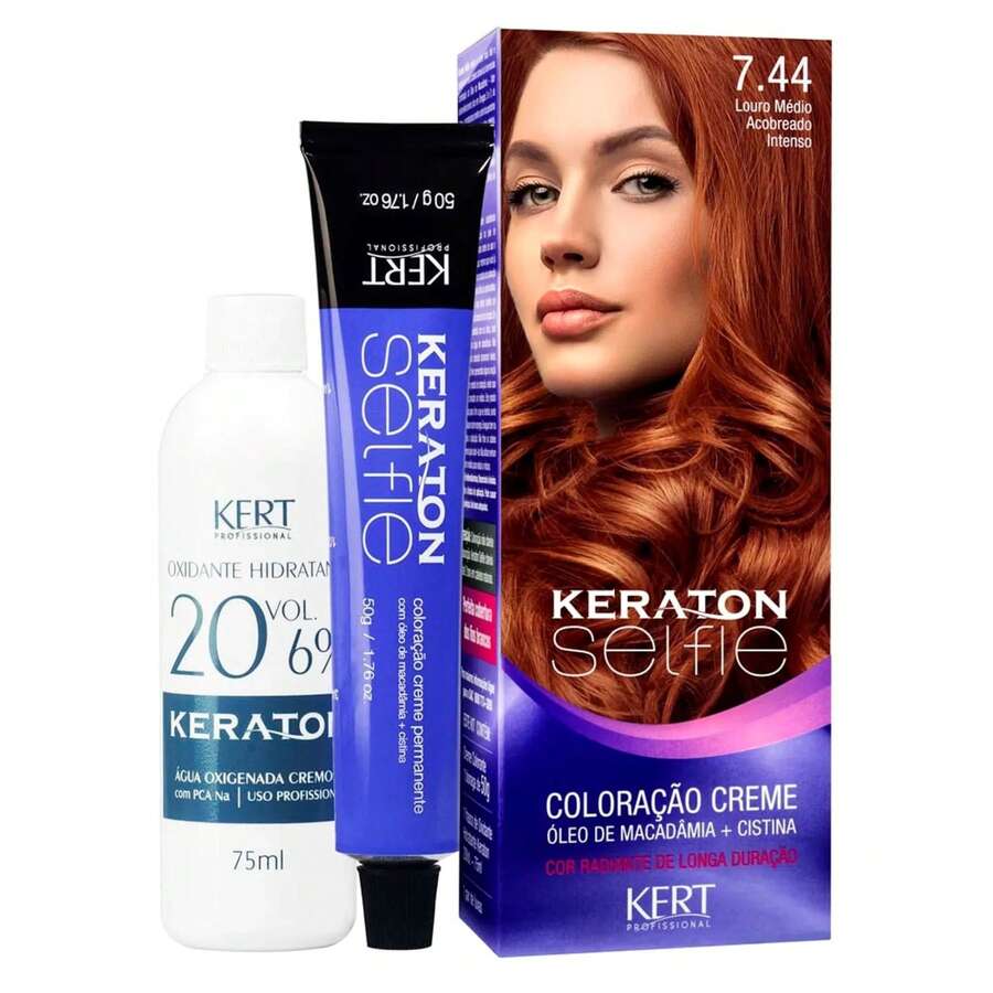 Keraton Selfie Hair Dye - Full Gray Coverage - Choose Your Color - 7.44 MEDIUM BLONDE INTENSE COPPER - View 1
