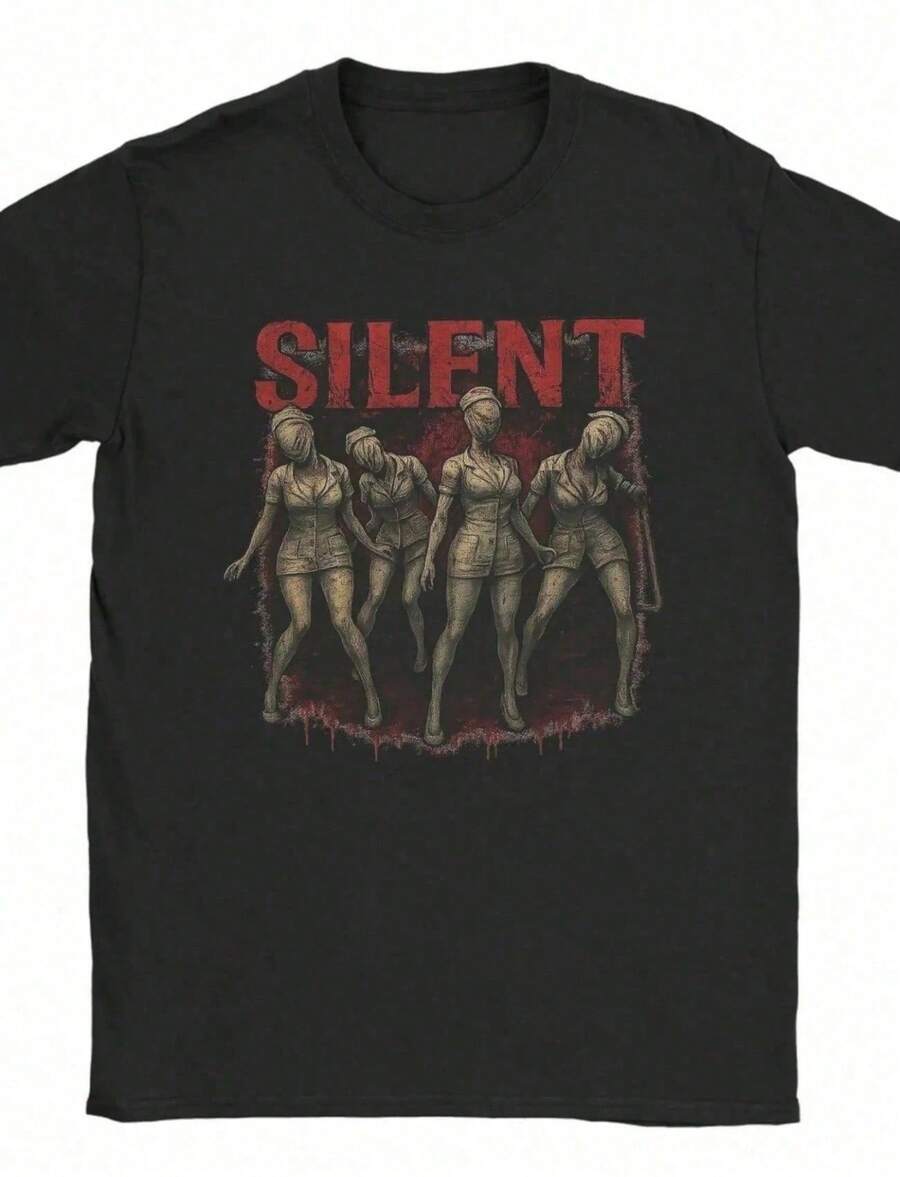 V-In.Tage Si.Le.Nt Hi.Ll Nur.Se.S T-Shirt For Men O Neck T Shirts Short Sleeve Tees Graphic Printed Clothes - 黑色 - 查看 1