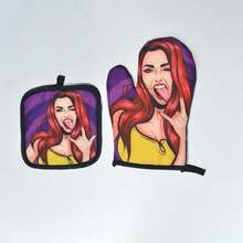 Bộ găng tay lò vi sóng in kỹ thuật số hình nữ đầu bếp, miếng lót dày chịu nhiệt, găng tay nướng và miếng lót nồi chịu nhiệt in hình. - Nhiều màu - Xem 9