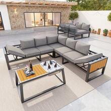 Modular Outdoor Sofa Set With Adjustable Backrest, Folding Armrests And Metal Ice Bucket, 10 Cm Thick Cushions For Terrace, Balcony, Poolside, Grey/Beige - 灰色 - 查看 3