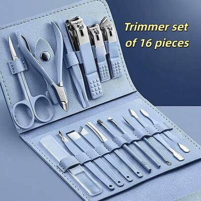 16pcs Professional Manicure Tool Kit, Includes Ear Spoon Tweezers, Stainless Steel Nail Care Tools Set With Travel Storage Case, Complete Home And Outdoor Nail Care Set