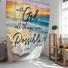 1pc/4pcs Beach Scenery Pattern Bathroom Decor Shower Curtain Set, Free 12 Hooks Included, Elegant Holiday Atmosphere, Bathroom Mat, U-Shaped Floor Mat And Round Toilet Mat, Suitable For All Scenarios Bathroom Set - Beach Text - View 2