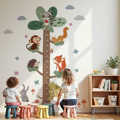 BRUP 2/3/4/6张/套 大号动物朋友身高测量墙贴，彩色成长尺，尺码范围20至170厘米，图案为浣熊、猴子、松鼠、狐狸和树，适用于儿童卧室和婴儿房装饰，可移除，即撕即贴，充满奇思妙想的森林主题成长追踪艺术