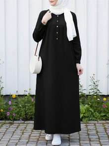 Đầm maxi nữ thanh lịch, màu trơn, cổ tròn, tay phồng, kiểu dáng Ả Rập, trang trí cúc, thích hợp cho mùa xuân/thu và lễ Eid. - màu đen - Xem 2