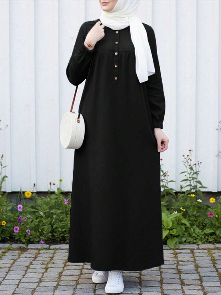 Đầm maxi nữ thanh lịch, màu trơn, cổ tròn, tay phồng, kiểu dáng Ả Rập, trang trí cúc, thích hợp cho mùa xuân/thu và lễ Eid.