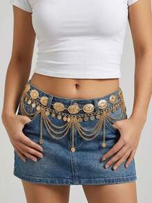2 pièces Chaîne de taille style bohème vintage à plusieurs couches avec design de pétales de marguerite et pièces d'or, chaîne de taille sexy à franges arabes, convient pour la plage, les vacances, les fêtes, Halloween, le campus d'automne - Doré - Voir 5