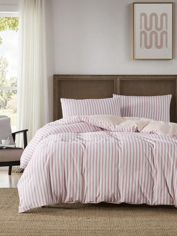 3-Piece Microfiber Vintage Print Bedding Set, Pink Striped Duvet Cover Set, Nordic Style, Soft Breathable All-Season Bedding For Boys, Girls, Dorm Room And Bedroom, Zipper Closure, 1 Duvet Cover & 2 Pillowcases, No Filling