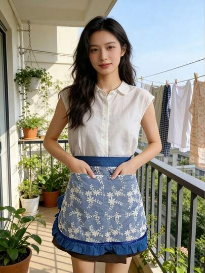 女士半身围裙，一件式，适合厨房使用、野餐等场合，时尚轻盈透气，艺术刺绣，半长式环绕腰带。