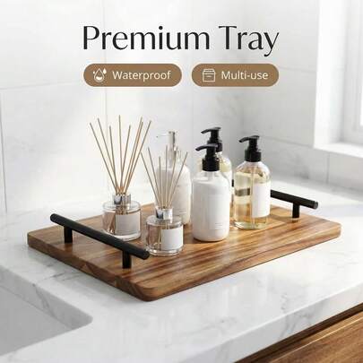 1 pieza Bandeja de madera con asa de metal, adecuada para el baño y la cocina, se puede usar como plato de jabón, portavelas, maceta, decoración de estilo granja perfecta para el baño y la cocina, ideal para la temporada de regreso a clases