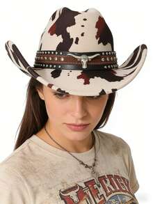 1pc Unisex Polyester Cow Print Cowboy Hat - Leather Rivet Bull Head Decor, Perfect For Horse Riding, Outdoor Travel, Cowboy Party, And Daily Wear - Multicolor - View 2