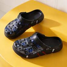 男士时尚涂鸦拖鞋，舒适百搭透气镂空凉鞋 - 黑色 - 查看 1