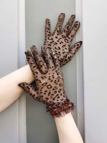 豹纹网眼手套，女士透明动物纹全指手套，复古时尚手套，日常复古蕾丝袖口手套，蕾丝手套，白色手套，手套，茶会帽和手套，茶会手套，优雅手套，女士蕾丝手套 - 豹紋 - 查看 8