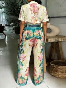 女士前扣假抽绳腰带弹力印花连体裤 - 彩色 - 查看 2