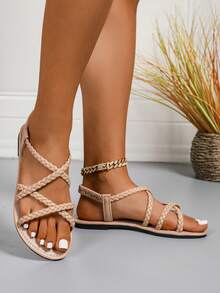 Sandal nữ đan chéo co giãn, kiểu dáng thanh lịch, thời trang nghỉ dưỡng, phong cách bohemian, thoải mái, gợi cảm, làm từ da PU, thích hợp cho mùa hè. - Màu be - Xem 4