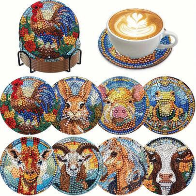Bộ 8 đế lót ly tranh đính kim cương hình động vật, bề mặt kim cương mịn bóng, keo dính chắc chắn, kèm đầy đủ dụng cụ, dễ dàng cho người mới bắt đầu, đồ thủ công giúp giảm căng thẳng, quà tặng năm mới, ngày Valentine, Giáng sinh, ngày Nhà giáo, đồ trang trí nhà cửa cho gia đình, bạn bè, người yêu, giáo viên.