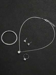 6件套奢华全镶钻首饰套装，包括手表、手链、项链、耳环和戒指，精致百搭，轻松提升气质与优雅。 - 銀色 - 查看 6