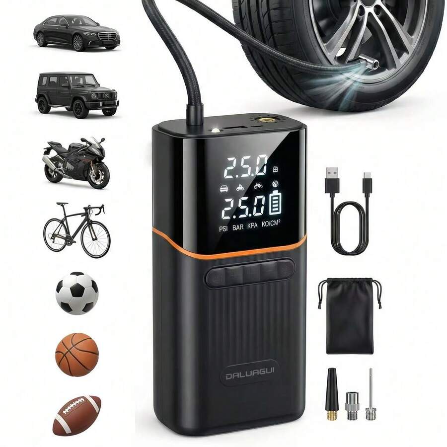 Portable Wireless Car Tire Inflator Air Compressor With Digital Pressure Gauge LED Emergency Light Auto Shut Off Function, Rechargeable Electric Air Pump For Car Bicycle Motorcycle Balls And Other InflatablesMultifunctional Mini Car Air Pump Portable Tire Inflator With USB Charging, 5 Adjustable Pressure Modes, LED Light And Power Bank Function, Suitable For Car Tires Bike Motorcycle Balls Swimming Rings - Wireless - View 1