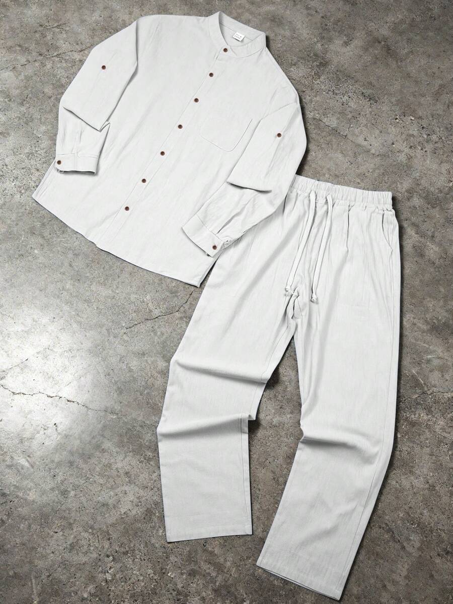 1 Conjunto de ropa básica holgada y ligera para hombre, camisa de manga larga con botones y cuello, color azul claro + pantalones rectos, para verano - Blanco - Ver 1