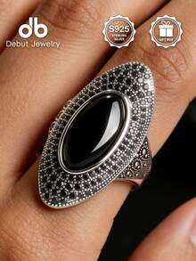1pc S925 Sterling Silver Bohemian Mirror Polished Ring, Pave Set Black Stone Main Gemstone, Vintage Chic Design, Suitable For Daily, Commute, Party Wear, Stackable Jewelry, Great Gift For Valentine's Day, Mother's Day, Comes With Gift Box - Bohemian Style - View 6