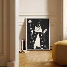 1pc Wizard Cat Wall Art Picture Vintage Linocut Style Magic Cat Canvas Print Paintings|Black And White Celestial Witchy Cat Decor For Bedroom,Living Room Or Office Home Decor,Mystical Astrology Animal Poster,Unique Gift For Her,Unframed,Wooden Hanger Frame Or Framed - Pattern - View 4