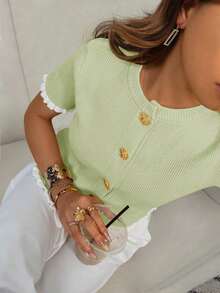 Women's Summer Button Ear Design Beige Knit Top, Elegant Casual Short Sleeve Knit Sweater, Suitable For Dates And Daily Wear - 綠色 - 查看 3