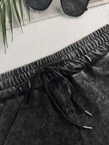 LQTY 100% Cotton Summer Women's Solid Color Street Fashion, Korean Version Comfortable Retro Basic Commuter Versatile Y2K Women's Wear, Suitable For Outdoor Leisure, Regular Niche Punk Style Black Slim Fit Crew Neck Short Sleeve Washed T-Shirt And Shorts 2-Piece Set - 黑色 - 查看 7