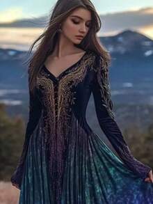 Ladies'  V-Neck Bohemian Dress With A Large Display, Elegant And Generous, Suitable For Travel, Beach Vacation, Wearing Lightweight And Breathable Fabric, Suitable For Spring, Summer And Autumn - A - 查看 3
