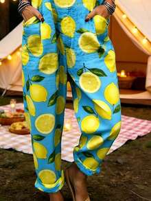 Lemon Slice All-Over Print Women's Adjustable Strap Jumpsuit, Polyester Fiber Fabric, Lightweight And Breathable, Women's Clothing, Standard Size Jumpsuit, Plus Size Women's Clothing, Plus Size Jumpsuit And Romper, Plus Size Jumpsuit - 彩色 - 查看 2