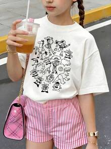Disney Toy Story Black And White Hand-Painted T-Shirt, A Collection Of Simple Doodles For All Characters, With Cute And Casual Lines, And A Cool And Minimalist Feel Print Pattern Summer Tops,Short-Sleeved Casual And Cute Style  Children's Clothing Design, Girl Clothes For Kids ,Ropa Para Niños,Girl Clothes For Kids,Graphic Tee, Summer Clothes,Perfect For Cool Girls. Comfortable And Breathable Children's Short-Sleeved T-Shirt. Comfortable And Casual Wear All Year Round 180g Pure Cotton Children's Clothes,Comfortable & Lightweight, Iconic Print For Mix-And-Match Outfits,Suitable For Both Boys And Girls. - White - View 2