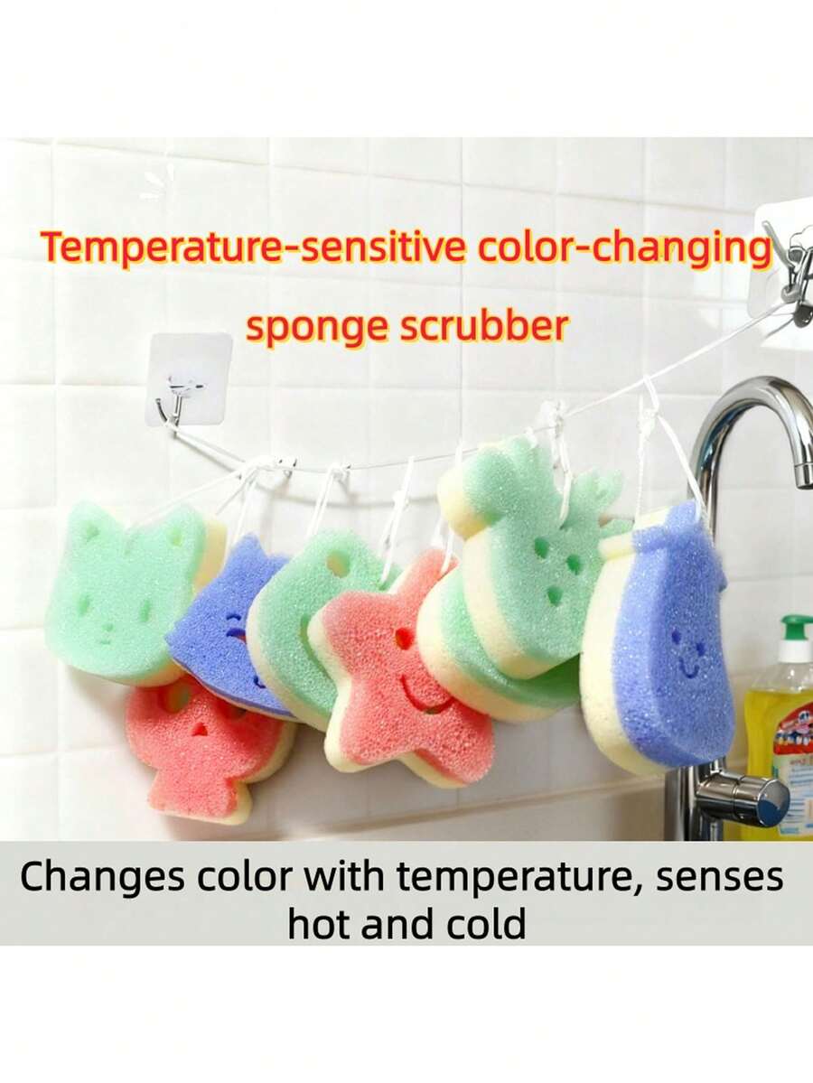 Almohadilla de limpieza con esponja de dibujos animados con sensor de temperatura, estropajo desengrasante de cocina, para lavar los platos - multicolor - Ver 1