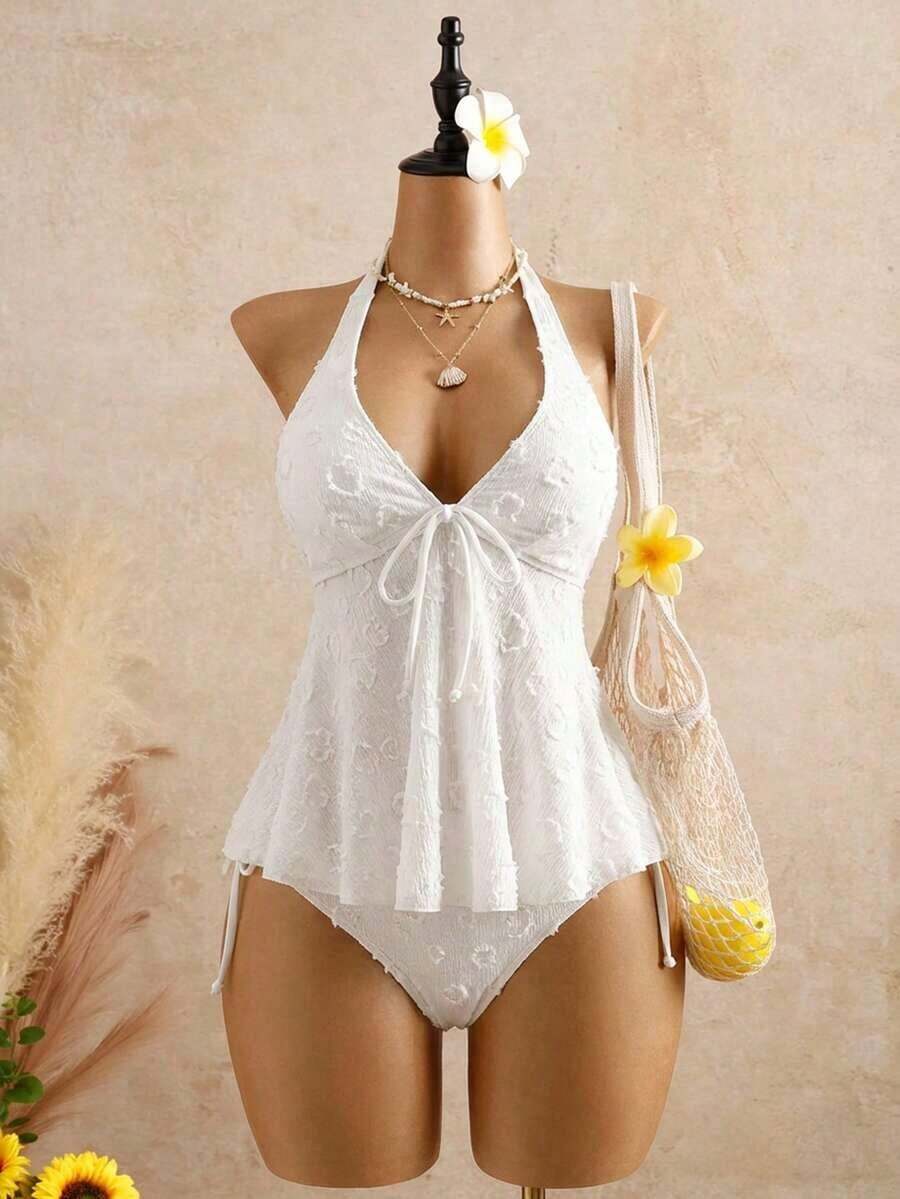 A Refreshing Summer-Bellisia Women's Relaxed Vacation Polka Textured Fabric Camisole Yellow Bikini Tankini Elegant Dress Women Beach Outfit Women's Beach Bikinis Summer 2026 Women's Summer Vacation, Graduation Season, Wedding Season, Back-To-School Season, Easter Season Party & Lunch Cute Casual Summer Camisole - Sweet,, Countryside Style Knit Texture, Ruffle Detail, Elastic Waist, Relaxed Hemline, High Low Design, Yellow Spaghetti Strap Tankini New Year's Wear Party A Numbered Women's Off--Neck And Backless Casual Vacation Topboho Easter Beach Outfits Hawaii Music Festival Tropical Vacation Yellow Bathing Suit Set Vintage Swimsuit Lemon Bathing Suit Lace Swimsuit Seashell Bathing Suit - 白色 - 查看 1