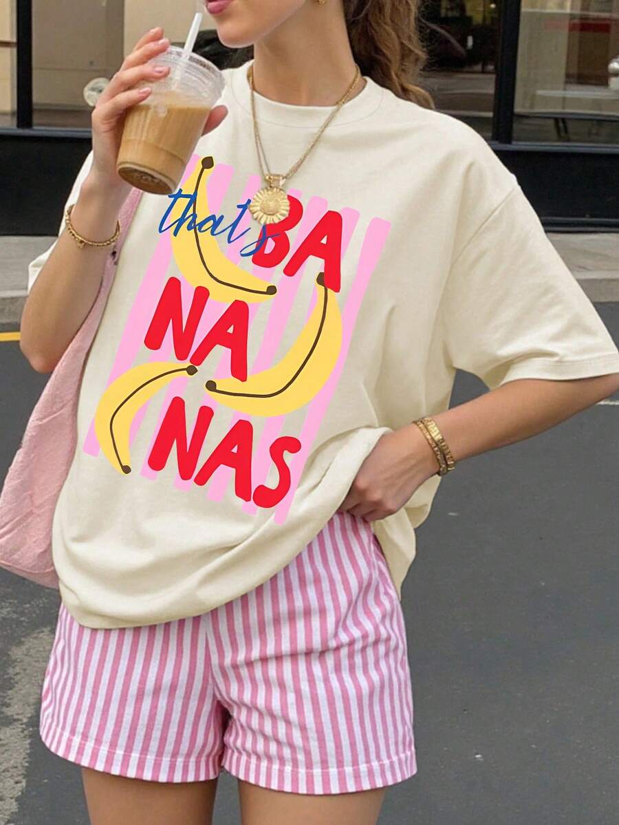 加大码短袖圆领T恤，印有趣味香蕉图案，高弹力常规版型，夏季舒适休闲之选 - 杏色 - 查看 1