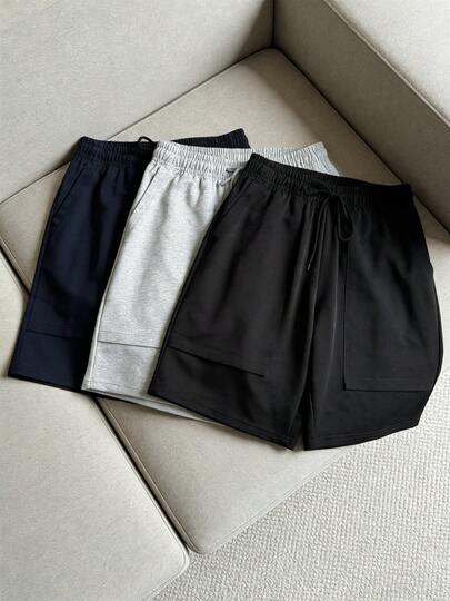 Men's Solid Color Drawstring Waist Loose Casual Lightweight Shorts With Pockets, Summer Black