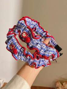 1件蓝白格子红色滚边荷叶边发箍，春夏校园风发饰，适合多种发型 - 彩色 - 查看 7