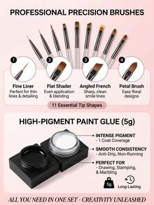 11件套专业美甲工具套装：9支美甲笔 + 2瓶（5克）黑白美甲凝胶，适用于细线、法式美甲和精细图案，新手友好型多功能美甲工具套装。（需配合UV美甲灯使用） - 彩色 - 查看 4