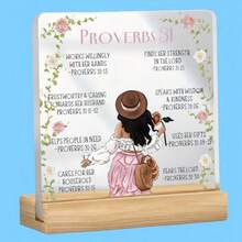 Una placa acrílica 2D con una base de madera, que presenta versículos del Proverbios 31:13 y diseños florales suaves. - A - Ver 2