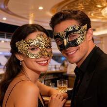 Masquerade Ball Mask, Venetian Lace Eye Mask For Women, Christmas & Halloween Party Costume Mask Set, Couple Cosplay Mask - Gold - View 5