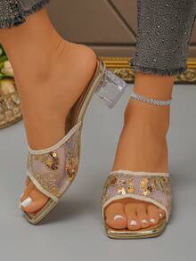 Dép lê nữ đế dày đính sequin lưới trong suốt, đính pha lê, kiểu dáng slip-on, thêu họa tiết, màu vàng. - Vàng - Xem 6