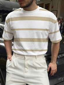 Áo thun cổ tròn kẻ sọc kaki trắng tối giản, áo thun nam tay ngắn dáng rộng thoải mái - trắng - Xem 3