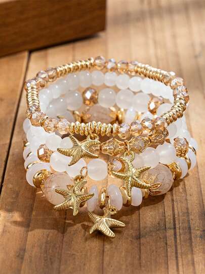 Bộ trang sức phong cách Bohemian 4 món, mặt dây chuyền hình sao biển, vòng tay hạt nhiều lớp, thích hợp đeo hàng ngày cho nữ.