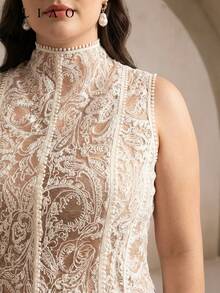 Aliao 大码优雅佩斯利刺绣透视无袖背心，网纱拼接，性感女式上衣，夏季穿搭，适合通勤、度假、浪漫婚礼季、情人节、优雅女士、海滩装扮、感恩节装扮、毕业典礼、返校季、节日装扮 - 杏色 - 查看 1