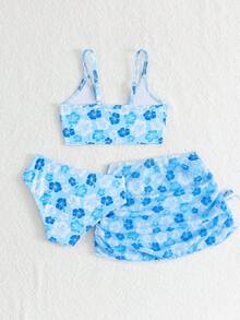Bộ bikini in hoa mùa hè dành cho bé gái, kèm áo khoác ngoài có dây rút và váy xếp ly, gồm 3 món. - Màu xanh lam - Xem 3
