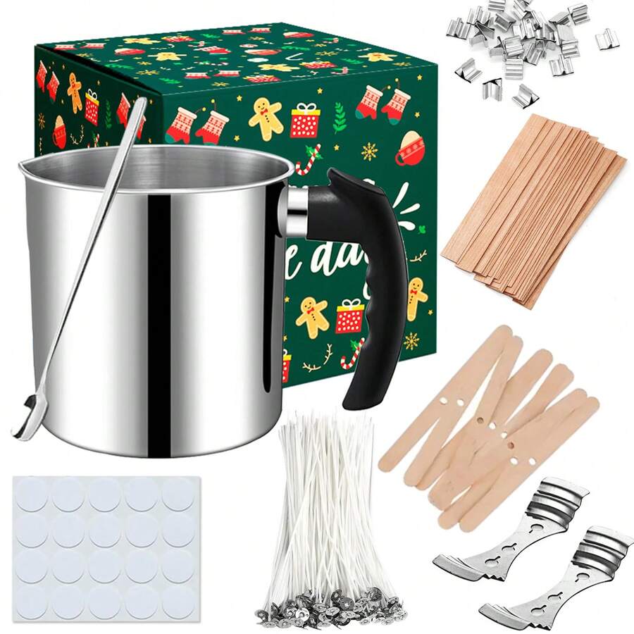 Bộ dụng cụ tự làm nến, bao gồm nồi nấu sáp, bấc nến, nhãn dán bấc, dụng cụ định tâm bấc, thích hợp để làm nến thơm và các sản phẩm thủ công mỹ nghệ bằng sáp. - Thay thế bộ phận bấc nến - Xem 1