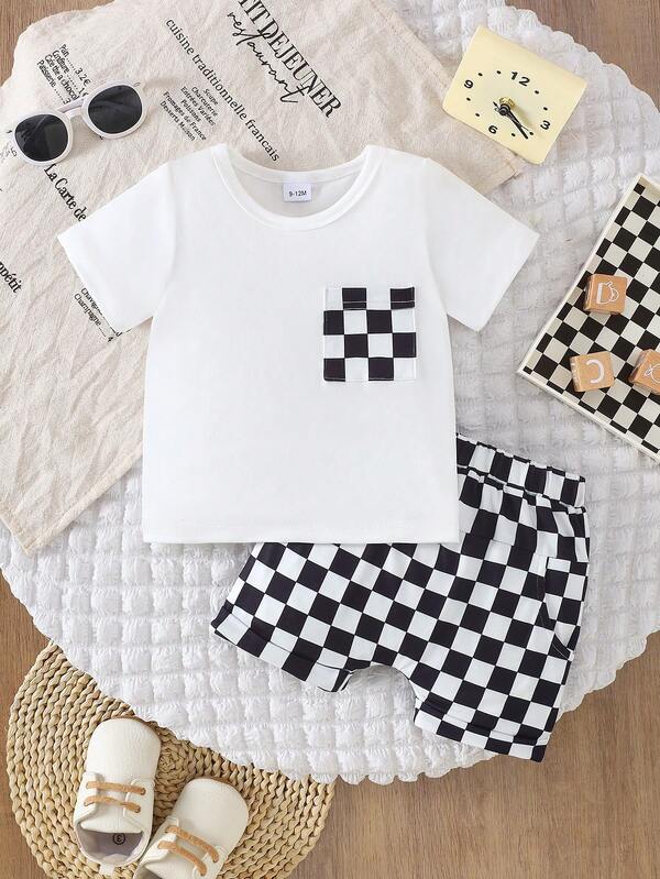 Set de 2 piezas de camiseta casual con bolsillo y pantalones cortos a cuadros blanco y negro para niño bebé, primavera/verano