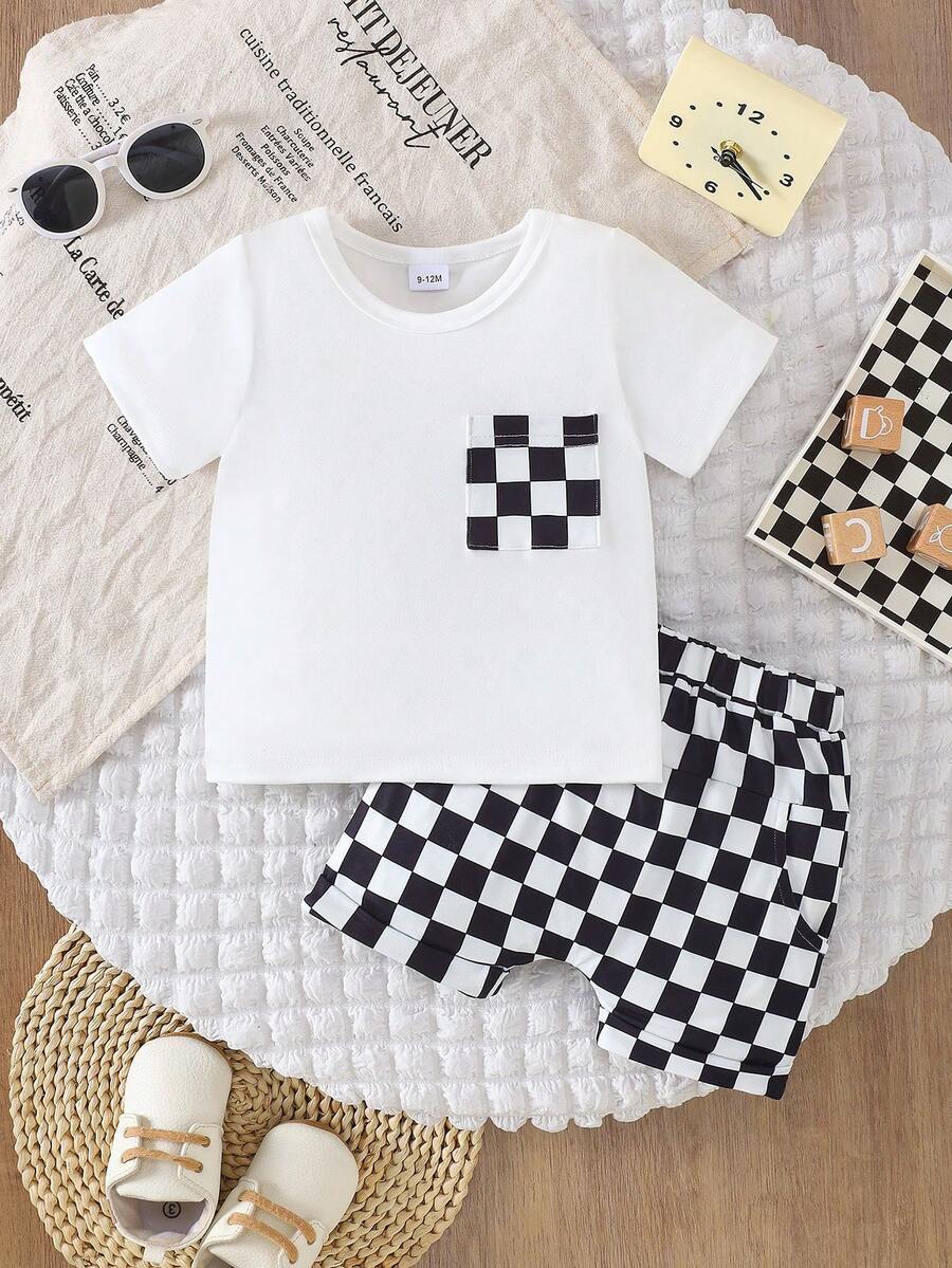 2pcs Baby Boy Casual Pocket Tee And Black & White Plaid Shorts Set, Spring/Summer - White - View 1